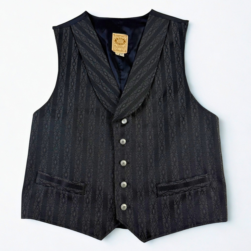 Wah Maker Frontier Clothing Vest Mens L Black Jacquard Shawl Lapel Western USA